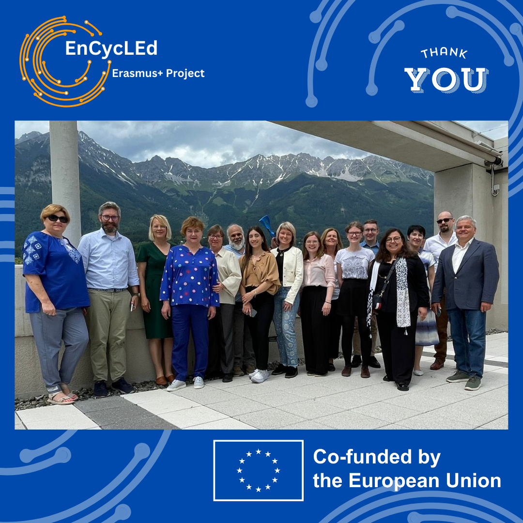 The picture shows a group foto of all the partners at the 1st in Person Meeting of the Consortium in Innsbruck. The project's logo and name can be seen as well as the European flag with the words "Co-funded by the European Union". In the top right corner the words "Thank You" can be seen.