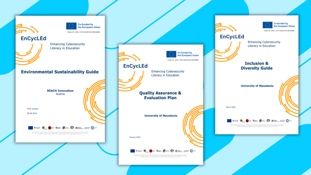 The picture shows the front page of three different deliverables on a bright blue background. The deliverables are the following: "Environmental Sustainability Guide from REACH Innovation May 2024", "Quality Assurance & Evaulation Plan from the University of Macedonia January 2024" and "Inclusion & Diversity Guide from the University of Macedonia March 2024"